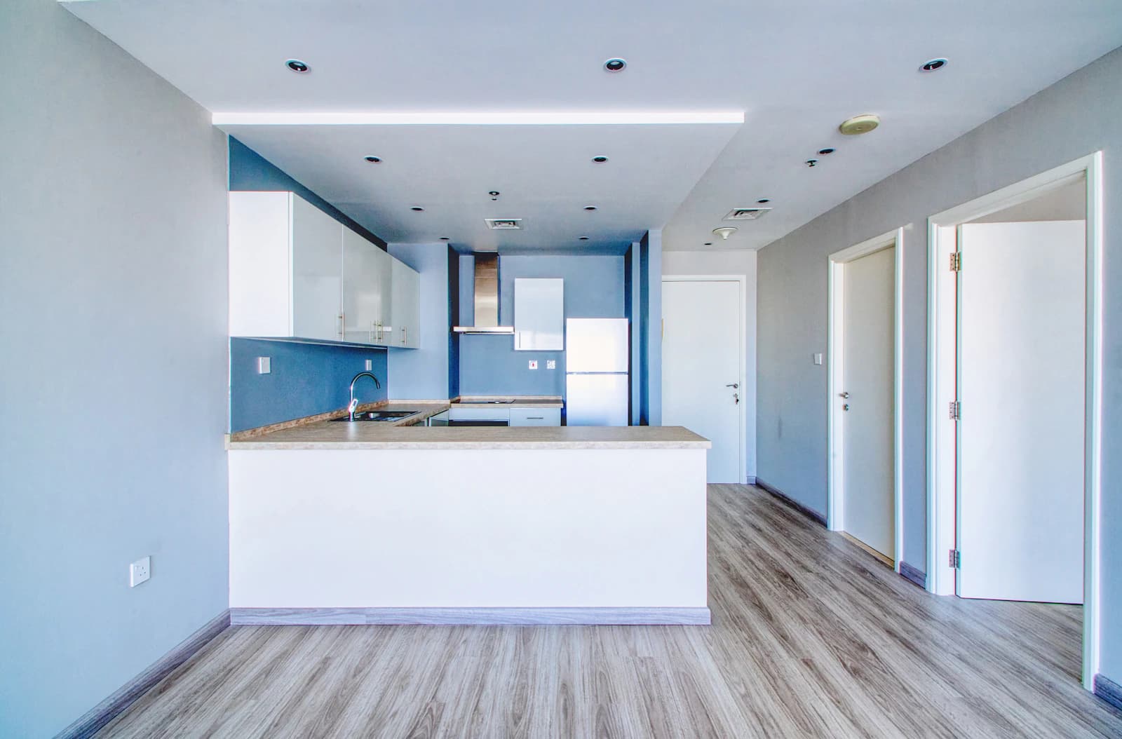 Bright vacant apartment interior with kitchen and open floor plan