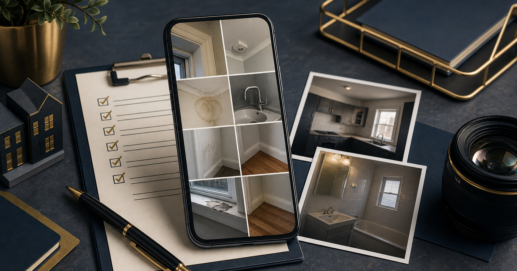 Editorial illustration of a rental inspection phone and property evidence notes