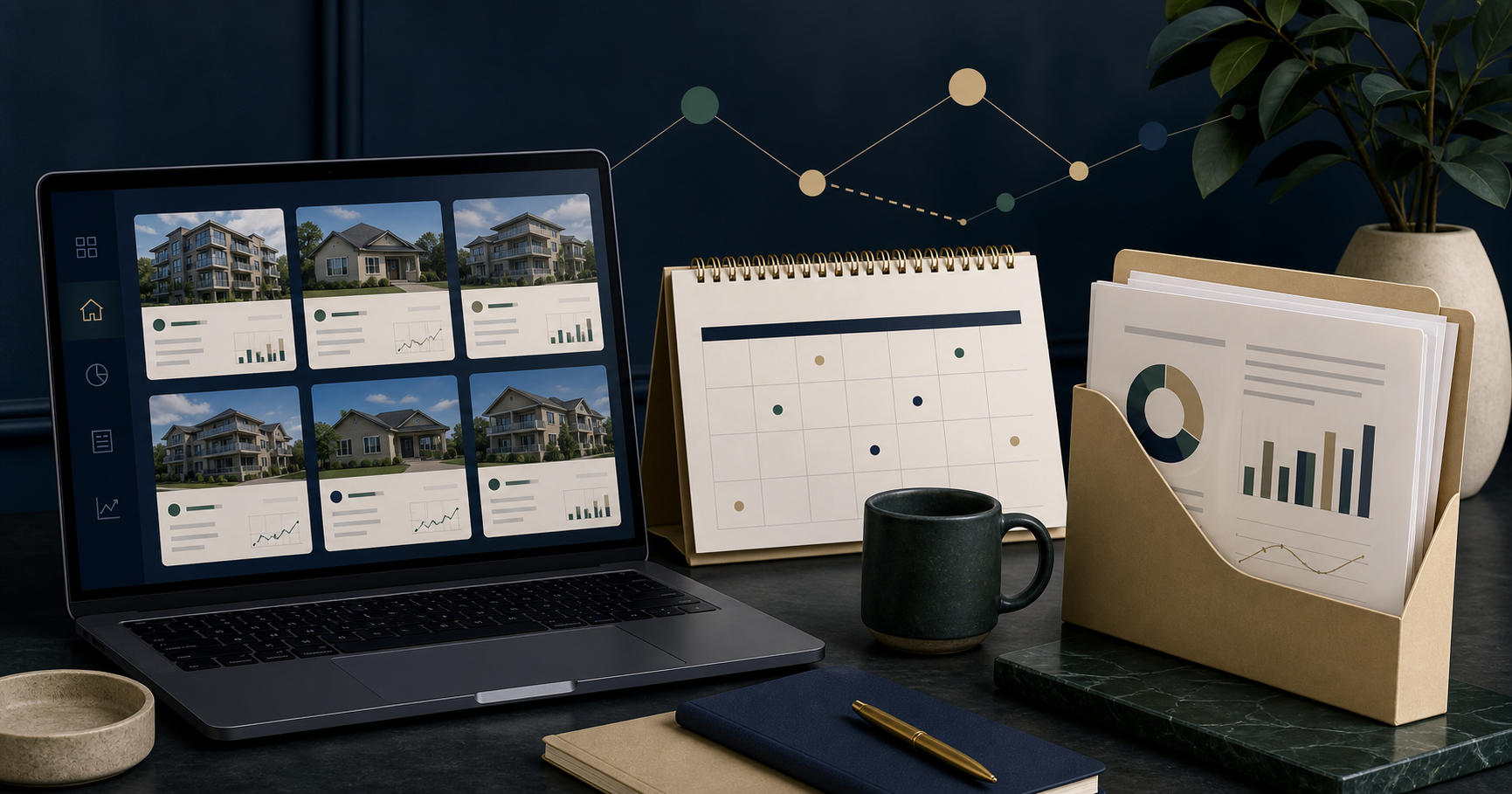 Editorial illustration of a rental owner portfolio report and calendar cadence