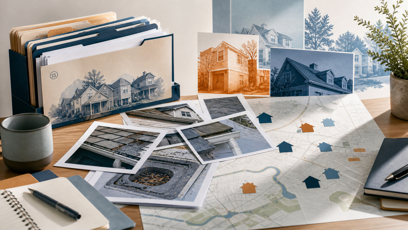 Editorial illustration of rental maintenance evidence and climate signals