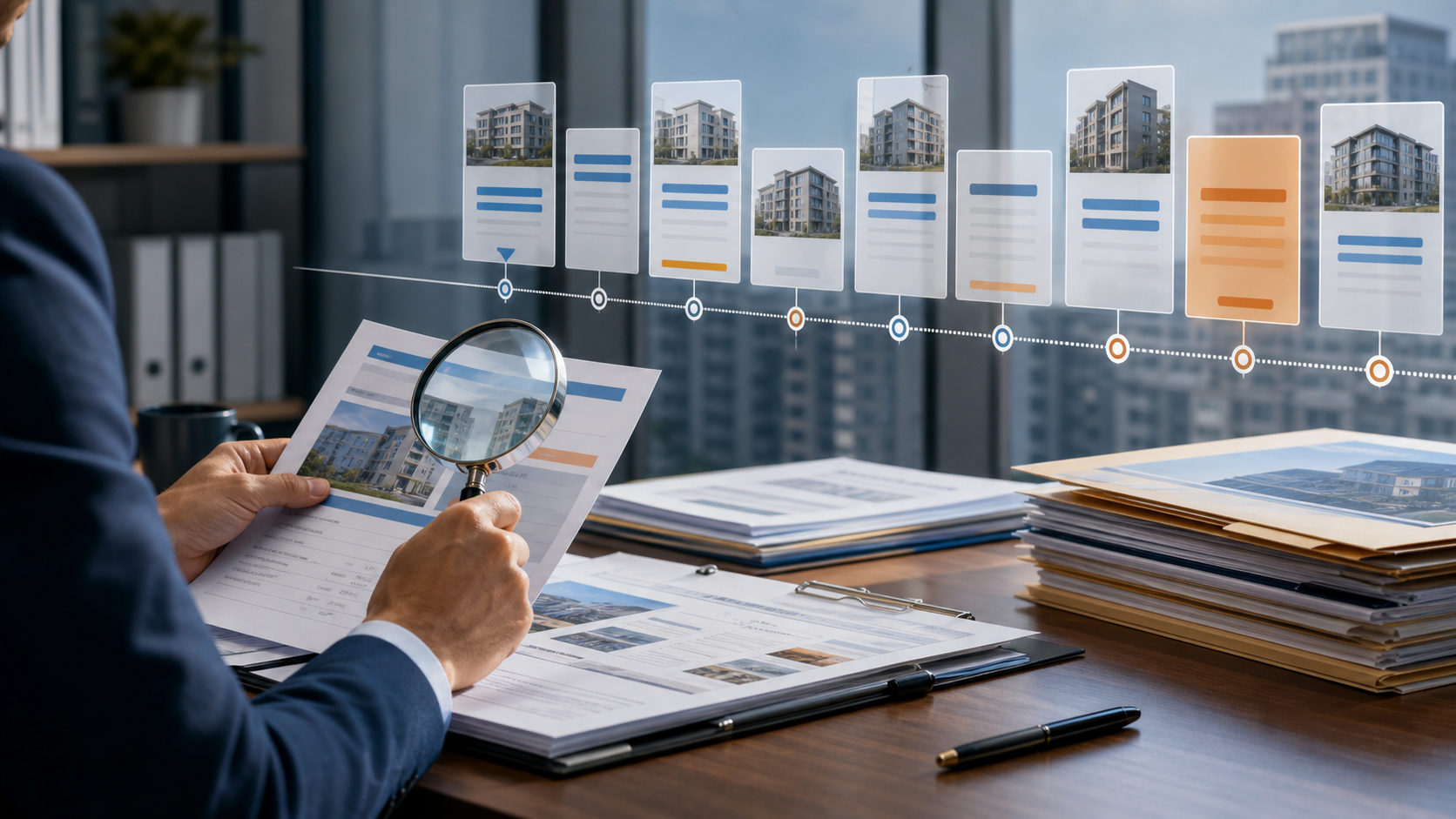 Editorial illustration of lease dates and a rental portfolio timeline