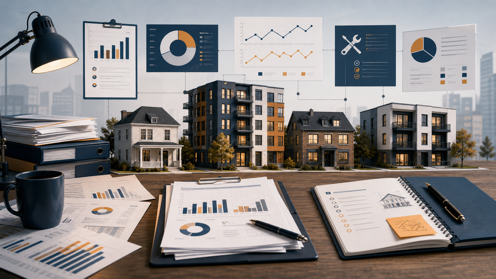 Editorial illustration of rental owner reporting cadence and decision evidence