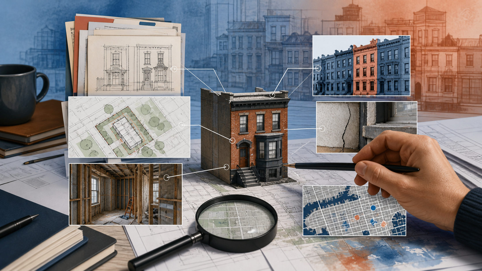 Editorial illustration of rental acquisition permit records and plans