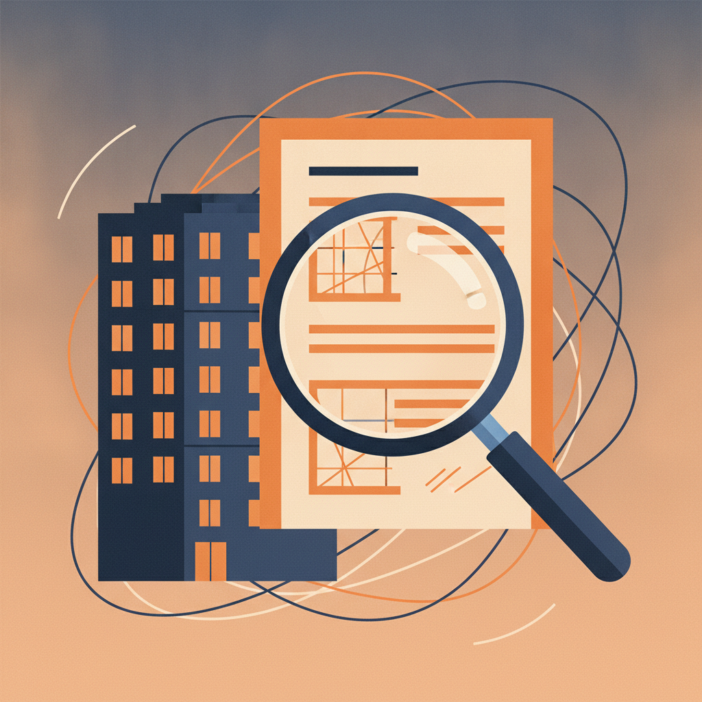 Editorial illustration of a rental property permit record being checked against a project file