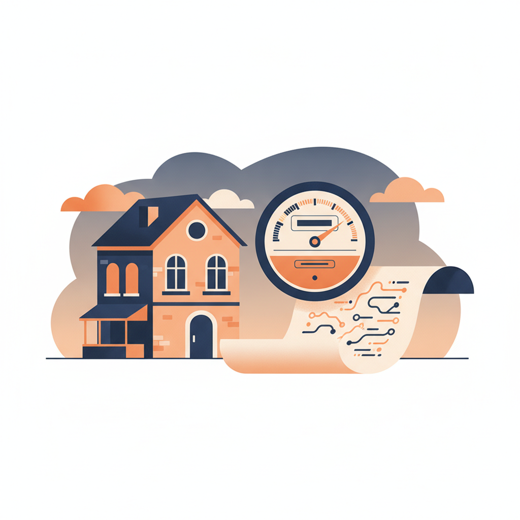 Editorial illustration of a rental property utility meter record being reconciled