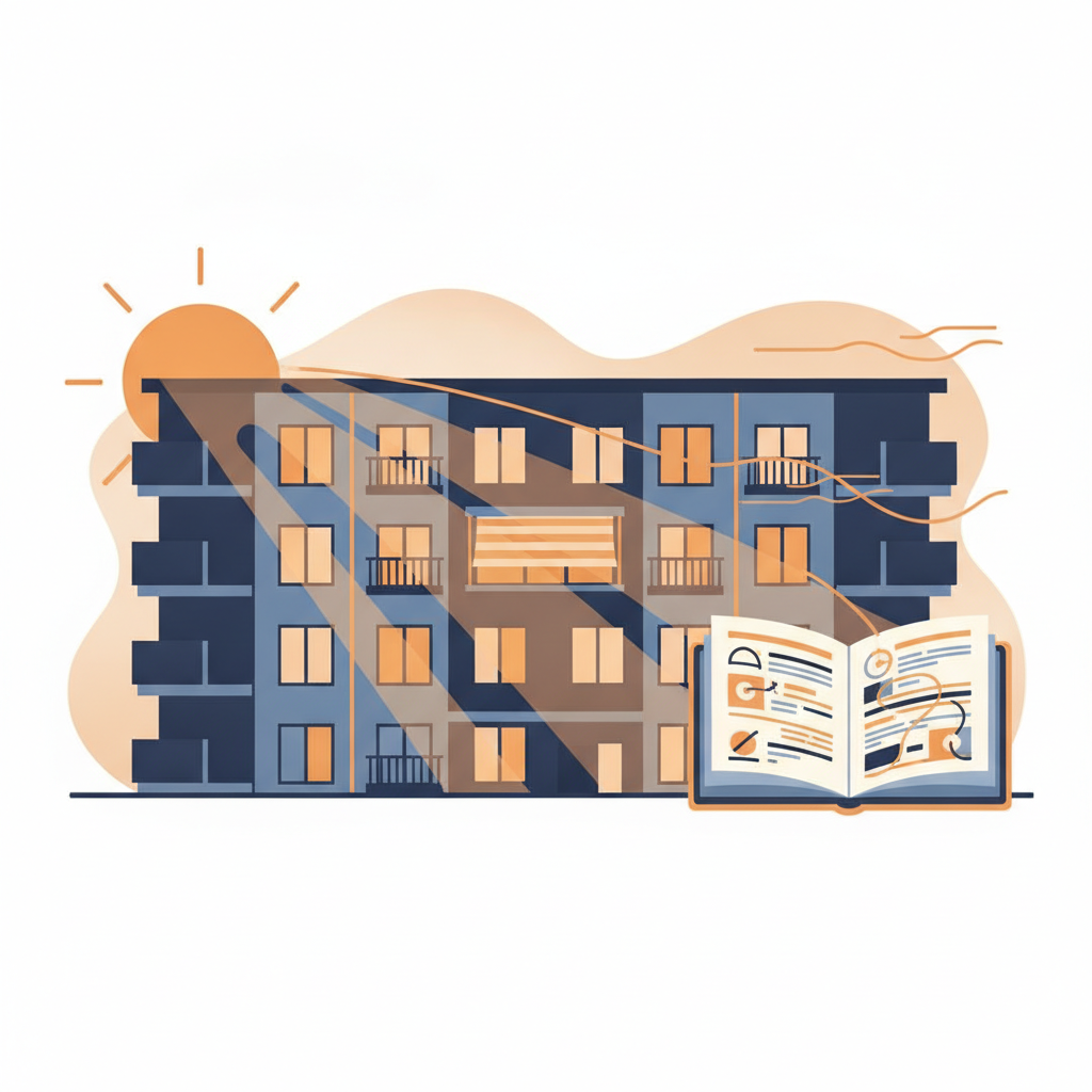 Editorial illustration of a rental building facade with shade and maintenance observation records