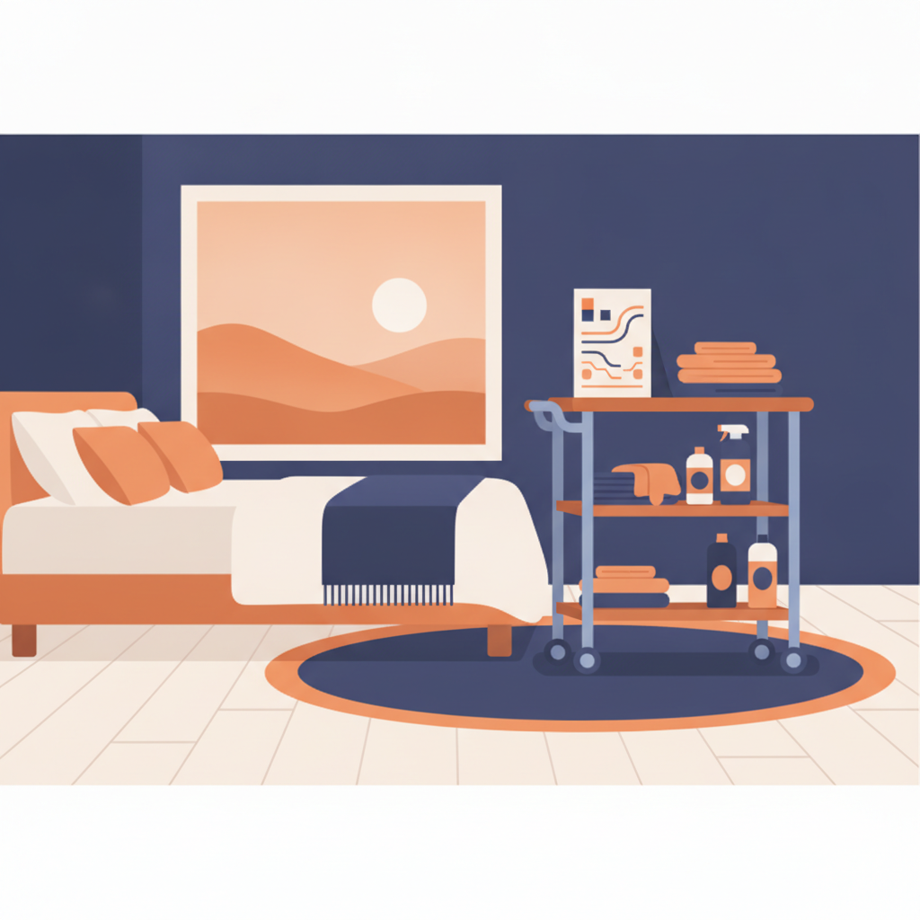 Editorial illustration of a short-term rental turnover checklist and room inspection record